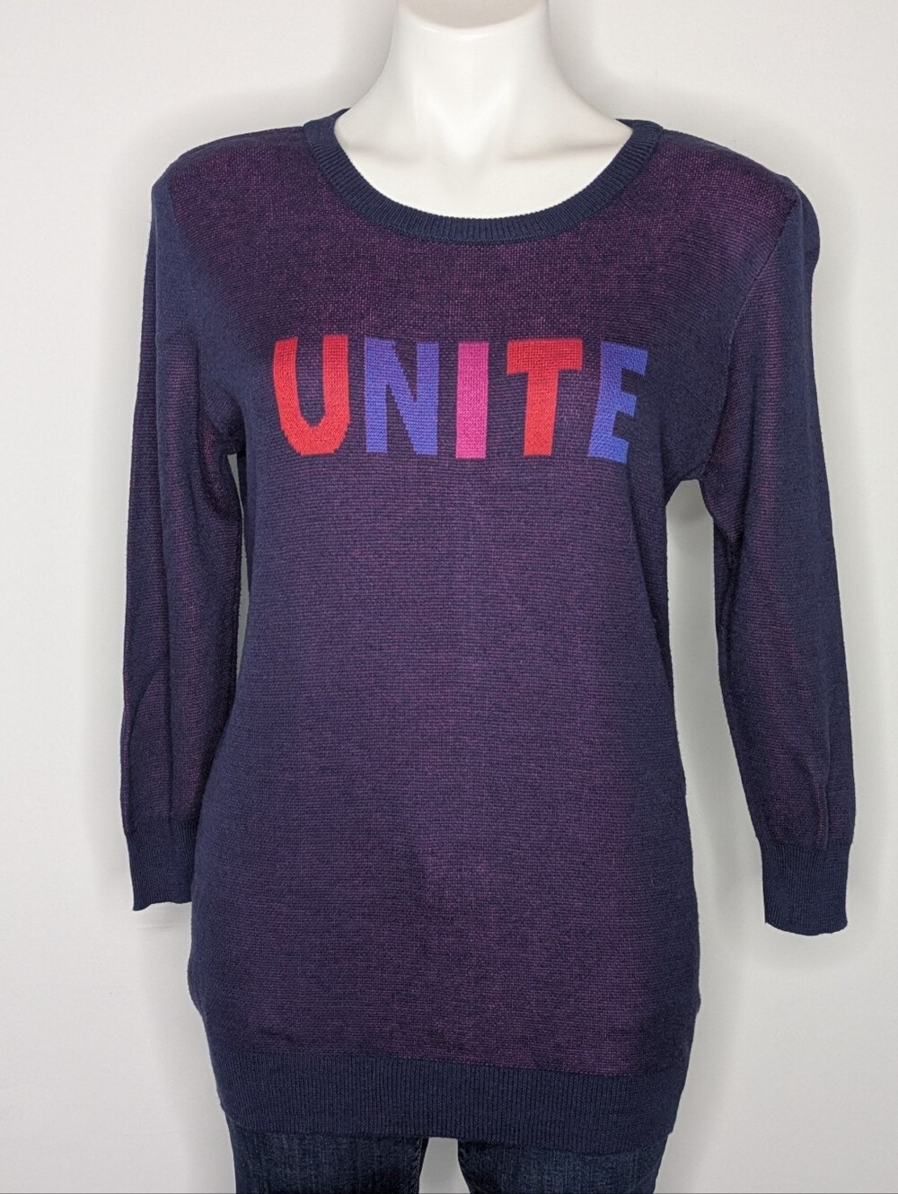Modcloth Purple Unite Knit 3/4 Sleeve Cotton Blend Sweater L